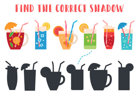 Find the correct shadow. Educational matching game for children. Kids learning game. Preschool worksheet activity. Cartoon drinks, cocktailsのイラスト素材