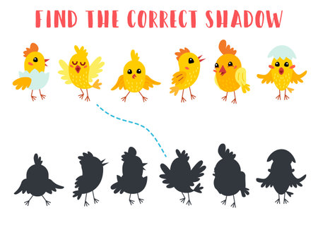 Find the correct shadow. Educational matching game for children. Kids learning game. Preschool worksheet activity. Cartoon birds chicksのイラスト素材