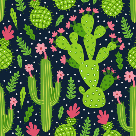 Cartoon kids cartoon cactus and succulents seamless pattern. Cute children design template. Bright cacti and tropical plants for textile, wrapping paper, greeting cards or posters for kindergartenのイラスト素材