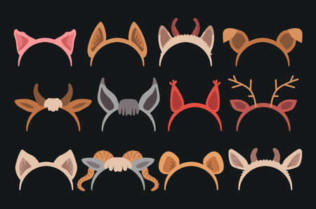 Cartoon Cute Headband with Ears Holiday Set. Flat Design Style. Masquerade head decor and mask set. Vector illustrationのイラスト素材