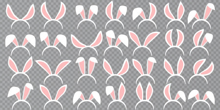 Easter Rabbit ears icons - big set. Collection of masks pink bunny ear on transparent background. Cute headband stickers. Vector illustration. Vector illustrationのイラスト素材