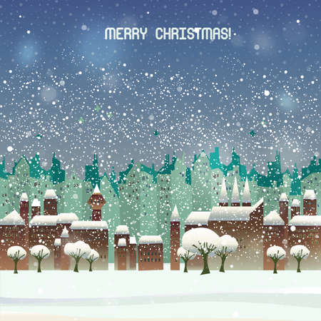 Christmas cartoon style vector background with housesのイラスト素材