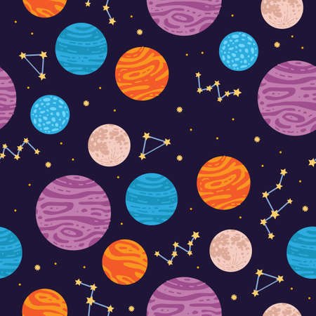 Colorful space planet seamless pattern in cartoon style. Vector design. Cute retro illustration for...