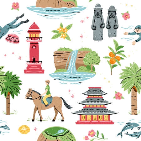Welcome to Jeju island, seamless pattern with South Korea travel. Korean land with traditional attractions stone figures, mountain, lighthouse, flower and fruit, waterfall. Jeju people.のイラスト素材