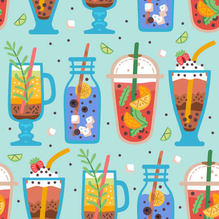 Seamless pattern with delicious vegan drinks, tasty juices or smoothies made of berries, Bubble tea cup. Vector illustration for wrapping, fabric print, wallpaper. Pearl milk tea, Taiwan milk teaのイラスト素材