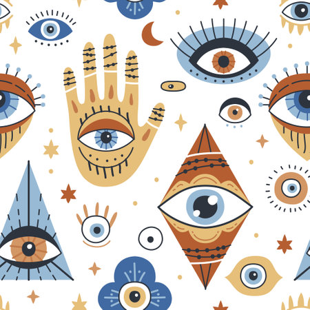 Seamless pattern design with Evil Eye, Hamsa, Hand of Fatima. Background with evil, turkish, esoteric eye different shapes. Hand drawn various talismans. Wallpaper repeatable texture with amulets.のイラスト素材