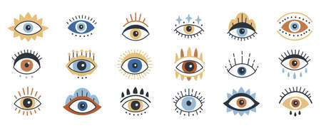 Evil Eye, Hamsa, Hand of Fatima. Set of evil, ra, turkish, greek and esoteric eye different shapes. Hand drawn various talismans. Flat design. Contemporary modern trendy vector illustration.のイラスト素材