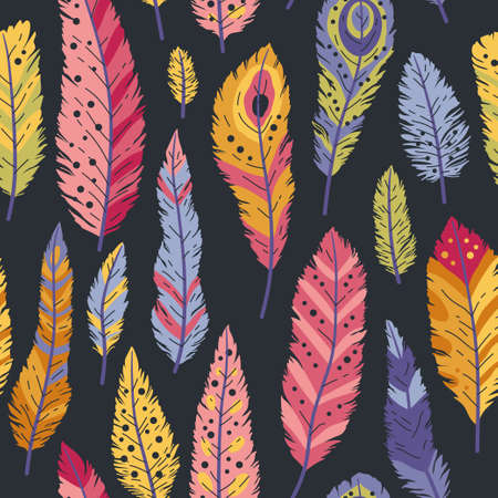 Seamless pattern of decorative colored animals tribal feathers. Decorative ethnic stylize feather ornamental indian aztec design, colored boho hippie birds. Rustic decorative feathers background.のイラスト素材