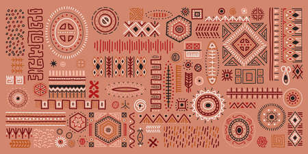 Abstract African art shapes collection, tribal geometric decoration set. Isolated colored flat...