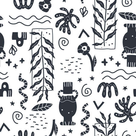 Abstract black and white shapes seamless pattern. Background illustration of flat matisse style wallpaper. Backdrop design for fashion fabric or modern trend print with contemporary doodle elementsのイラスト素材
