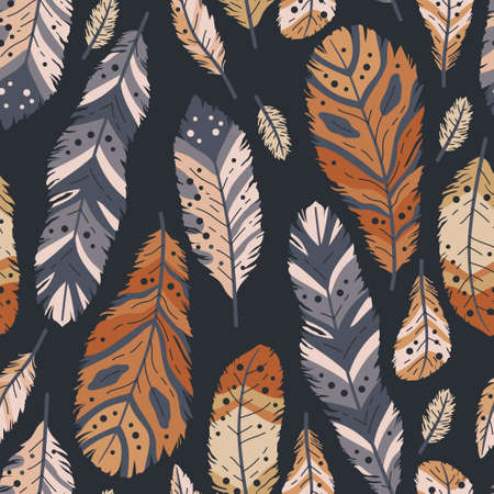 Rustic decorative tribal feathers. Seamless pattern of animals feathers. Decorative ethnic stylize feather ornamental indian aztec design, colored boho hippie birds backgroundのイラスト素材