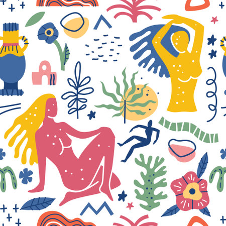 Seamless pattern with abstract geometric shapes in Matisse style. Various Shapes and objects. Creative hand drawn contemporary doodle elements flowers, plants, zigzag, lines, for fashion,のイラスト素材
