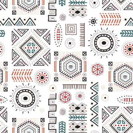 African art decoration pattern tribal geometric shapes seamless background. Colored flat vector boho...