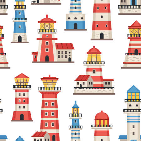 Vector flat style lighthouses with searchlight, marine navigation seamless pattern. Nautical elements theme. Sea wallpaper. For children designs, textiles, packaging. Vector illustrationのイラスト素材