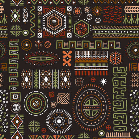 Abstract African art shapes seamless background, tribal geometric decoration pattern. Colored flat...