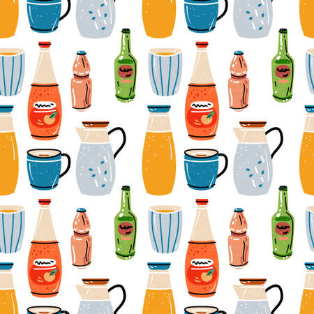 Colored seamless of food and drink. Pattern with bright colorful crockery. Cups for coffee, tea. Bottles of orange juice, jugs of milk. Colorful background for kitchen design.のイラスト素材