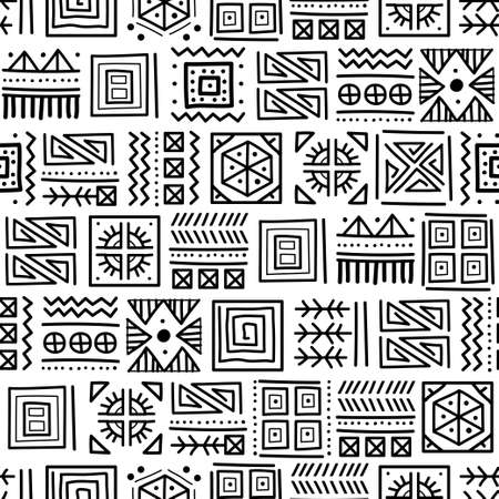 Mayan patchwork seamless pattern. Tribal geometric vector swatch. Zigzag background for cover design. Retro chevron line vector print. Navajo ornamental texture. Black and white colors.のイラスト素材