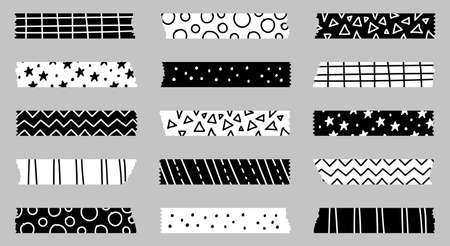 Set of black and white geometric patterns decorative tape washi sticker decoration. Collection of patterned washi tape strips and pieces of duct paper. Vector illustrationのイラスト素材