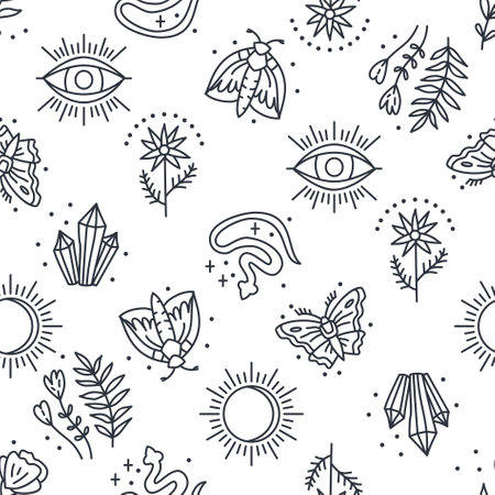 Seamless pattern with mystical boho elements, moon, start, leaf, mystical elements in lineart style. Editable vector illustration. Good for fabric, wrapping, textile, wallpaper, apparel.のイラスト素材