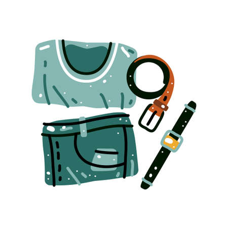Travel stuff. Vacation, holiday. Things for the traveler. Summer light clothing - Clothes top view. T-shirt and jeans, belt, watchのイラスト素材