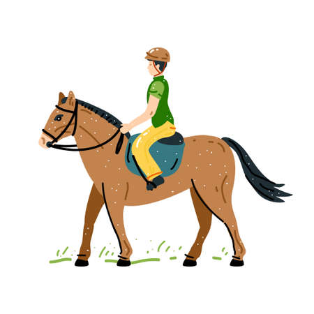 Man riding horse. Vector Illustration. Equestrian sport training horseback ride. Rider in jockey uniform and helmet isolated against white backgroundのイラスト素材