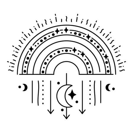 Magic boho rainbow and moon symbol. Gypsy sacred element and sign in modern boho style. Golden minimal line art.のイラスト素材
