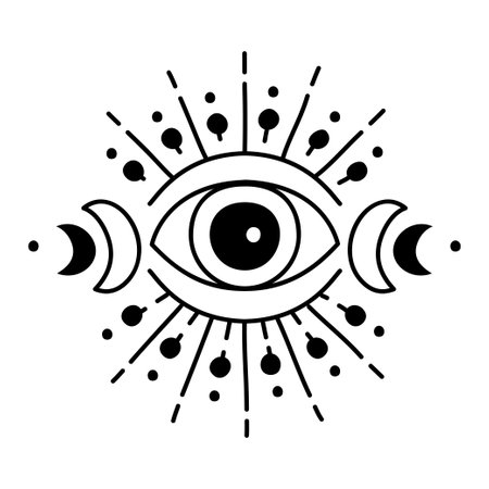 Evil doodle eye. Hand drawn witchcraft eye talisman, magical religion sacred symbol in a trending minimal linear style. For t-shirt prints, boho posters, cards, covers, logo designs and tattoos.のイラスト素材