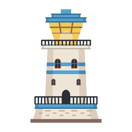 Sea detailed lighthouse icon isolated on white - vector. Beacon tower with searchlight lamp isolated icon. Vector nautical striped tower, navigation symbol, seafarer beacon.のイラスト素材