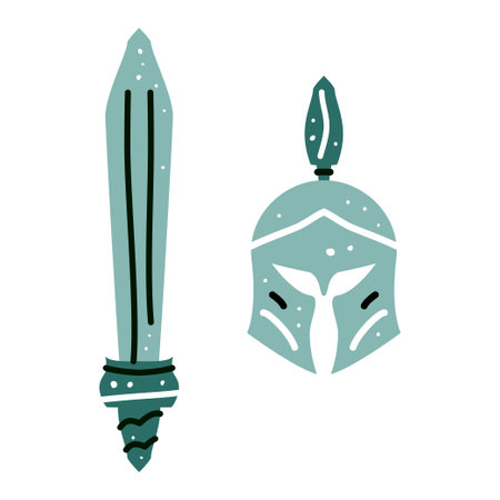 Spartan helmet and sword isolated on white background. Vector illustration. Greek helmet for head protection soldiersのイラスト素材