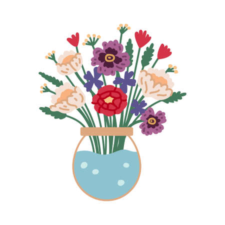 Beautiful bouquet with garden and wild flowers vector flat illustration. Blooming plants with stems and leaves isolated on white. Floral decoration or giftのイラスト素材