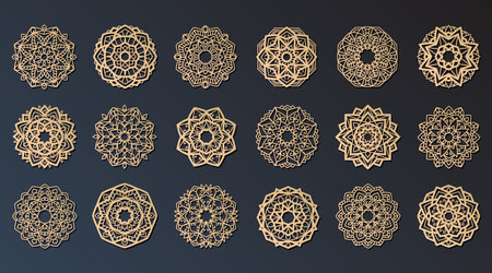 Lotus Mandala Vector Template Set for Cutting and Printing. Oriental silhouette ornament. Vector coaster design.のイラスト素材