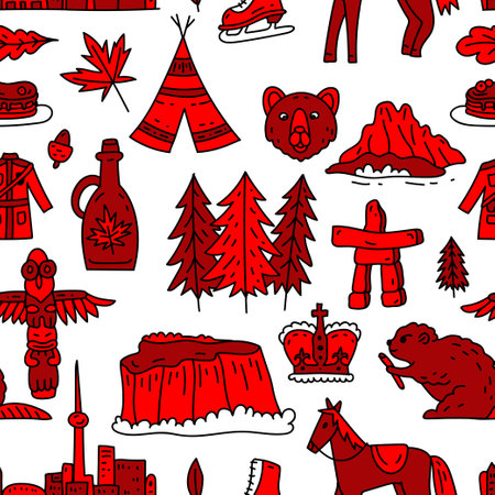 Canada bright design sign and symbol, Info-graphic elements flat icons set in seamless pattern. Vector concept for greeting cards, banners and posters.のイラスト素材
