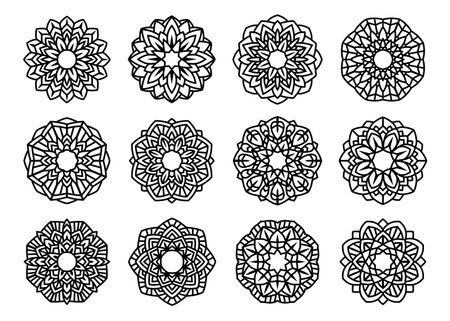 Lotus Mandala Vector Template Set for Cutting and Printing. Oriental silhouette ornament. Vector coaster design.のイラスト素材