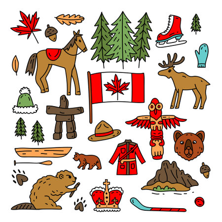Canada vector travel symbols set. Collection of national canadian icons. Set of design elements in a flat style. Tourism. Vector concept for greeting cards, banners and posters.のイラスト素材