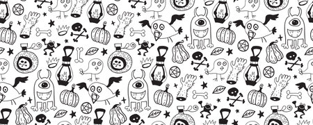 Vector artwork background with holiday symbols of the day of the dead. Halloween seamless pattern. Cute autumn design. Scary horror sketch art. Magic wallpaper illustration with ghost and pumpkinのイラスト素材