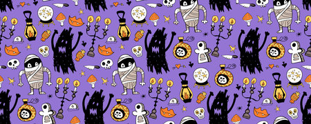 Halloween seamless pattern. Vector artwork background with holiday symbols of the day of the dead. Cute autumn design. Scary horror sketch art. Magic wallpaper illustration with ghost and pumpkinのイラスト素材