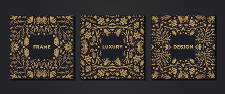 Luxury Christmas frame set, abstract sketch winter floral design templates. Geometric monochrome square, holly backgrounds with fir tree. Use for package, branding, decoration, bannersのイラスト素材