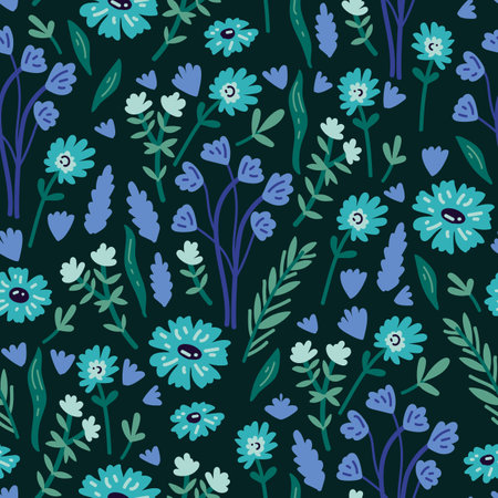 Vector seamless pattern with hand drawn wild plants, herbs and flowers, colorful botanical illustration, floral elements, hand drawn repeating background. Wild meadow herbs, flowering flowersのイラスト素材