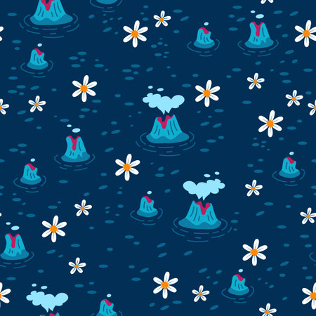 Childish seamless pattern with funny volcanoes and flowers in cartoon style. Ideal for cards, invitations, party, banners, kindergarten, baby shower, for fabric, textile, preschool and children room decorationのイラスト素材