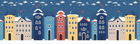 Cute Christmas and winter houses. Snowy night in cozy Christmas town city panorama. Winter village night landscape Christmas outdoor decorations.のイラスト素材