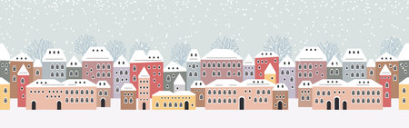 Cute Christmas and winter houses. Snowy night in cozy Christmas town city panorama. Winter village night landscape Christmas outdoor decorations.のイラスト素材