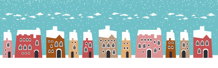Cute Christmas and winter houses. Snowy night in cozy Christmas town city panorama. Winter village night landscape Christmas outdoor decorations.のイラスト素材