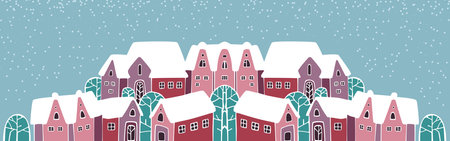 Cute Christmas and winter houses. Snowy night in cozy Christmas town city panorama. Winter village night landscape Christmas outdoor decorations.のイラスト素材