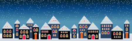 Cute Christmas and winter Night city houses. Snowy Windows of the lights town panorama.のイラスト素材