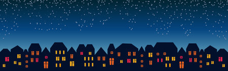 Cute Christmas and winter Night city houses. Snowy Windows of the lights town panorama.のイラスト素材