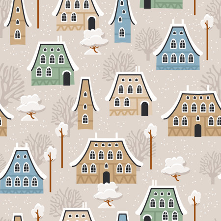 Christmas seamless pattern with winter houses, trees and other elements. Can be used for fabric, wrapping paper, scrapbooking, textile, poster, banner and other Christmas design.のイラスト素材