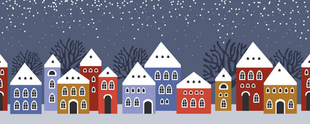 Seamless pattern winter landscape, Celebrating Christmas and New Year. Panorama. Seamless border with winter cityscape. Snowy night in a cozy city. Winter Christmas Village NIGHT landscape.のイラスト素材