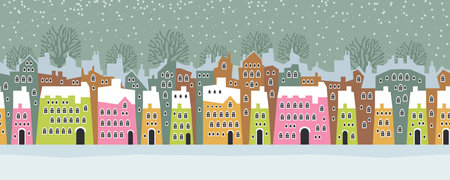 Seamless pattern winter landscape, Celebrating Christmas and New Year. Panorama. Seamless border with winter cityscape. Snowy night in a cozy city. Winter Christmas Village NIGHT landscape.のイラスト素材