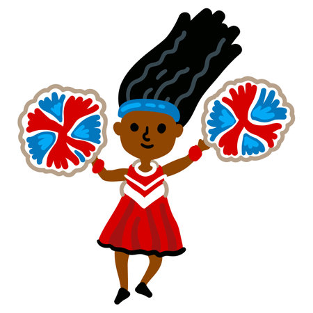 Little cheerleader girl in a bright red suit. Female character isolated on white background.のイラスト素材