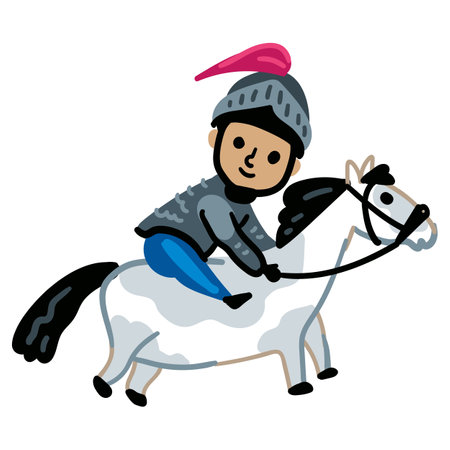 Young Magic Prince Knight Boy riding a horse with lance. Bright color vector illustration Character In Armor isolated on a white backgroundのイラスト素材